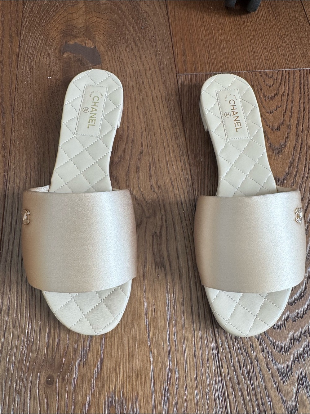 CHANEL Cream Satin Slide Mules with Gold CC Accent